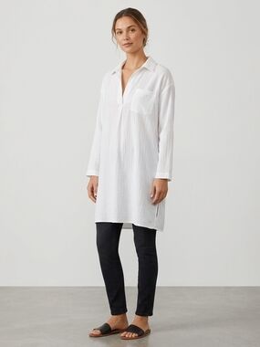 Ekouaer Relaxed White Long-Sleeve Tunic with Chest Pocket Size XL